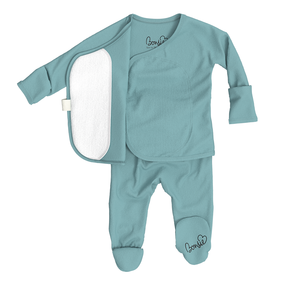 Teal baby outfit with long-sleeve top and pants on a white background