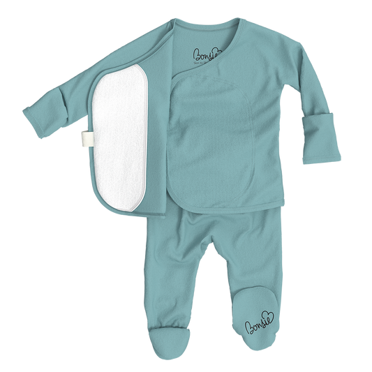 Teal baby outfit with long-sleeve top and pants on a white background