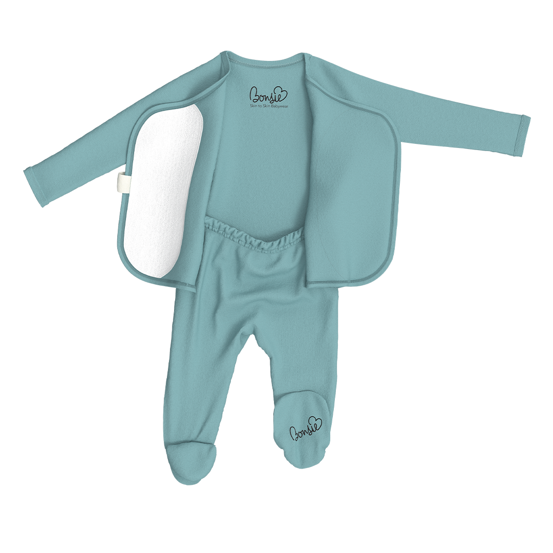 Light blue baby outfit with a matching cardigan on a white background