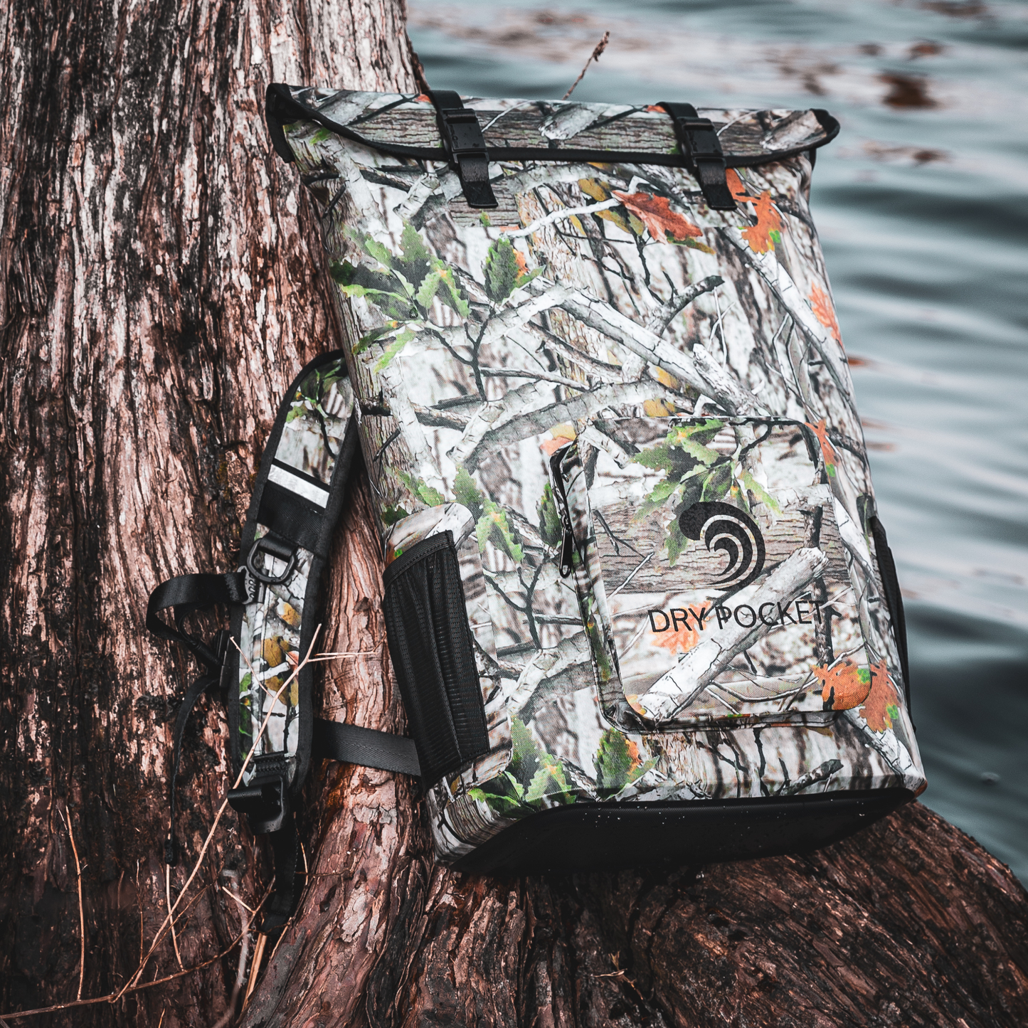 Camouflage waterproof floating backpack cooler with front dry pocket panel and shoulder straps