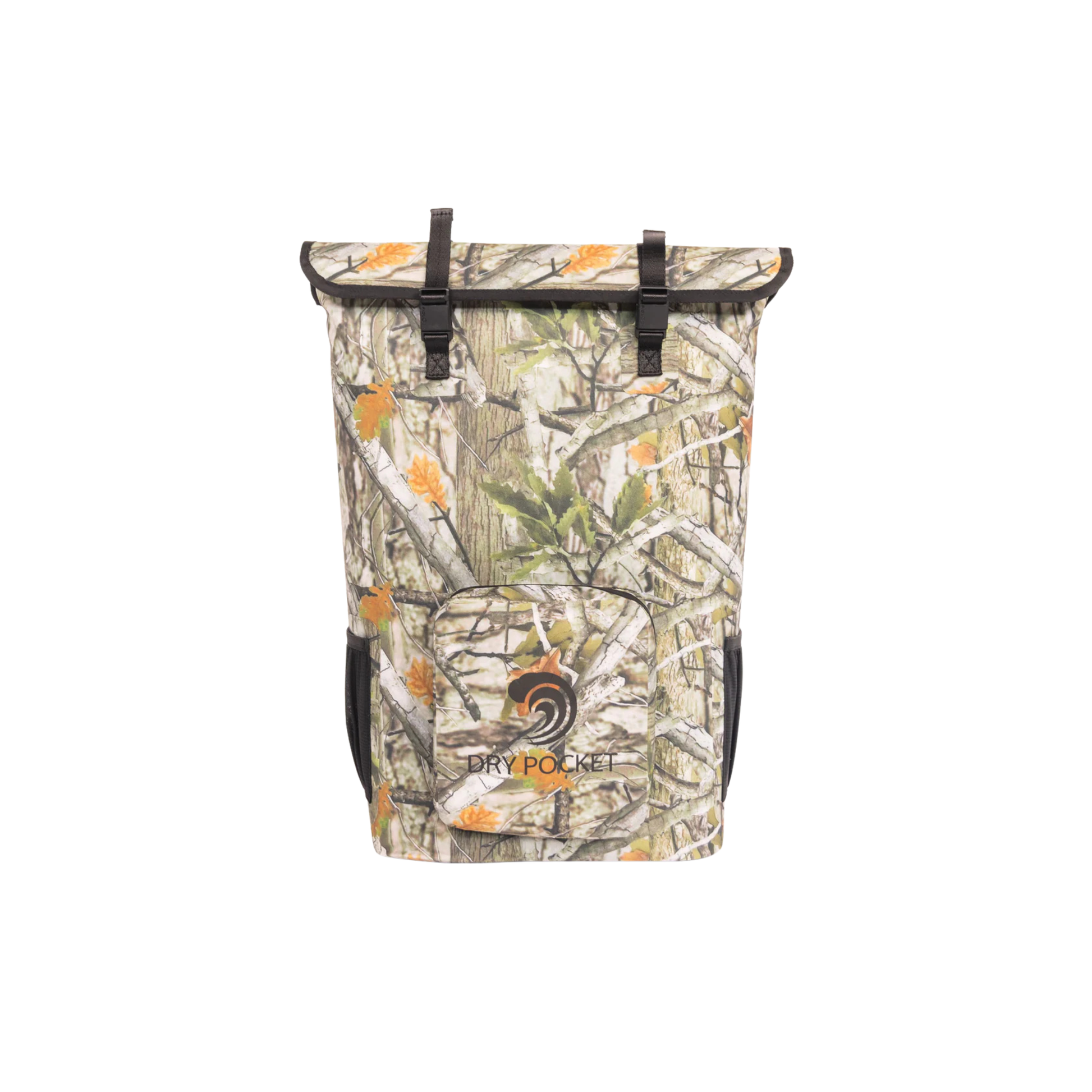 Camouflage waterproof floating backpack cooler with black straps and roll-top dry pocket