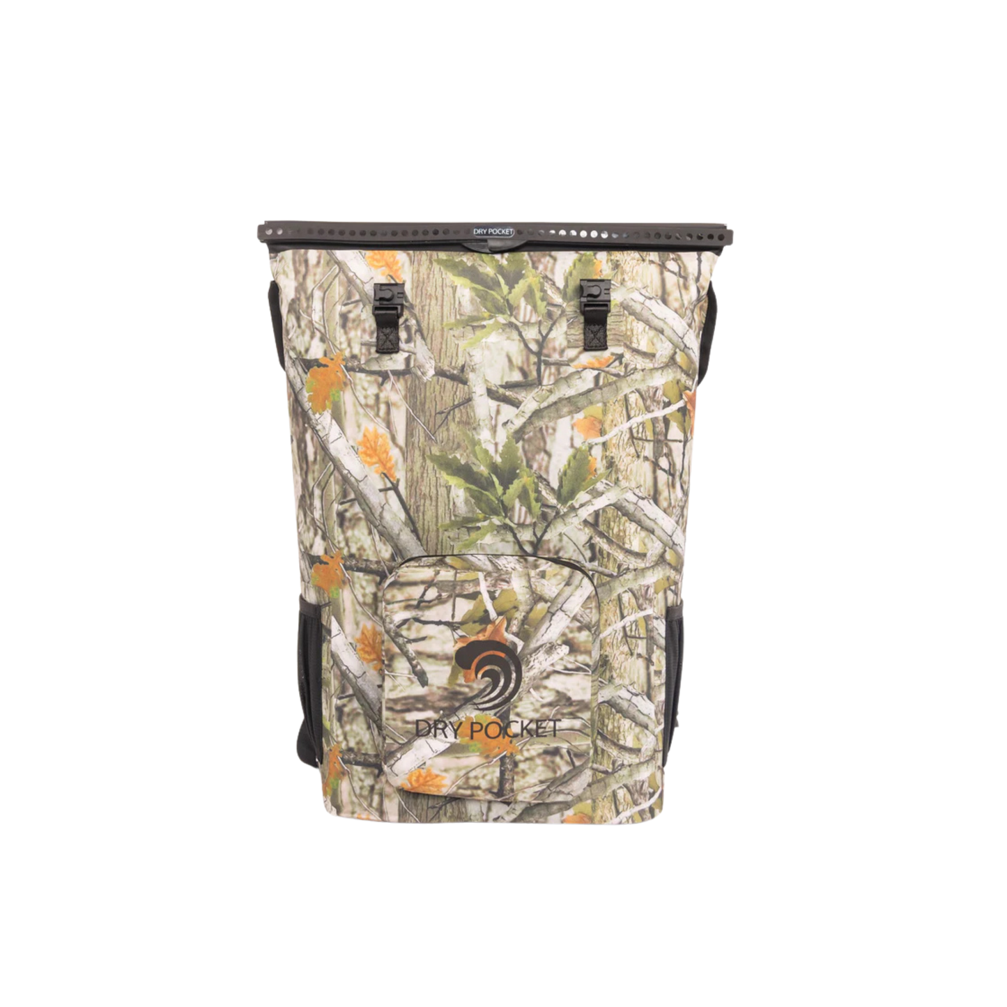 Camouflage waterproof floating backpack cooler front with top buckles and dry pocket logo