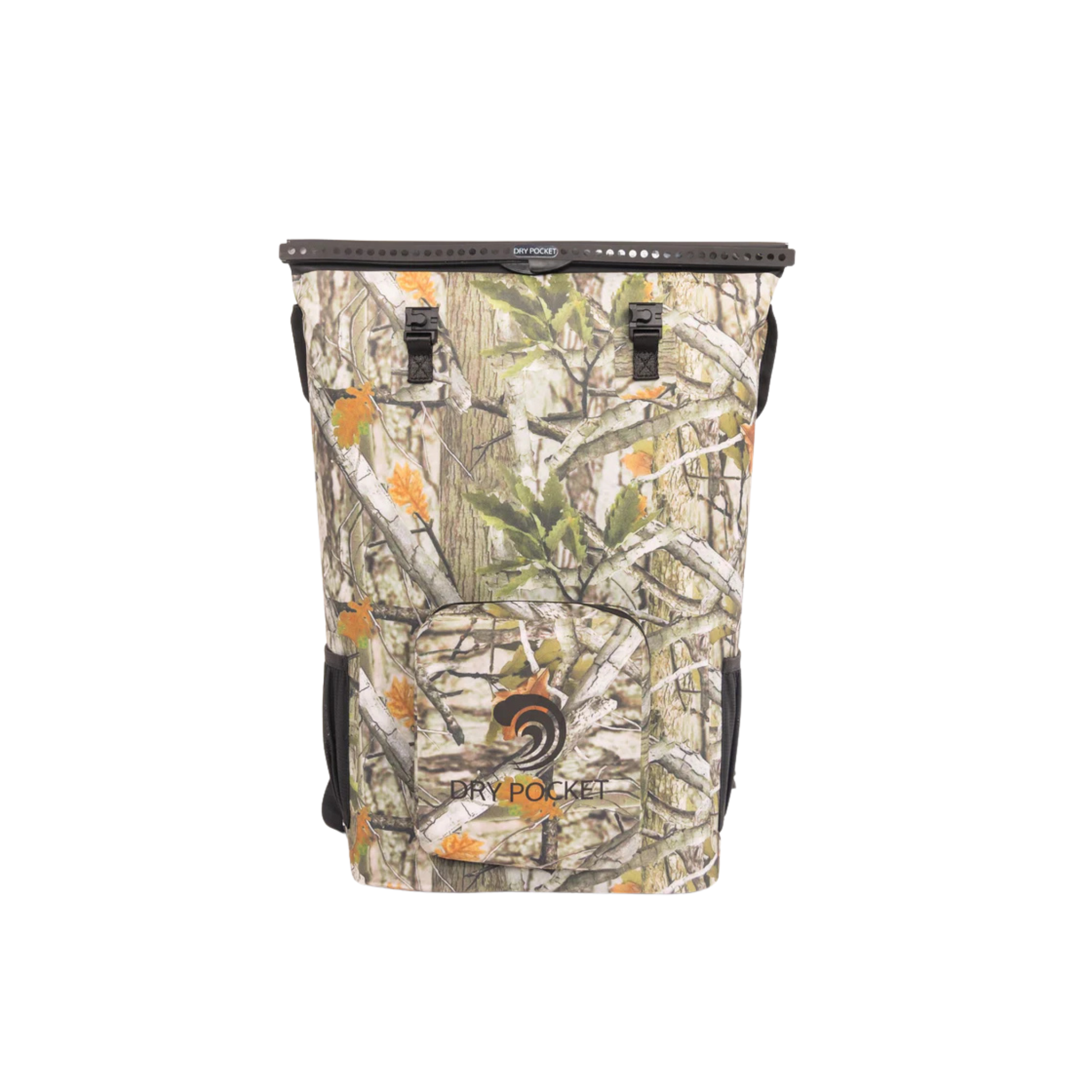Camouflage waterproof floating backpack cooler front with top buckles and dry pocket logo