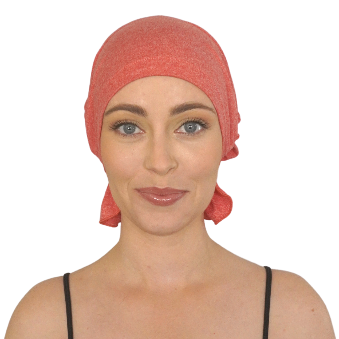 FRANCIS CHEMOBEANIE® coral knit beanie covering head with side drape