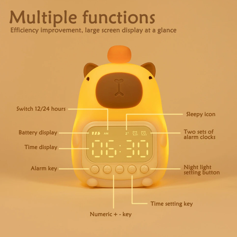 Capybara night light alarm clock with labeled-style overlay arrows and lit screen