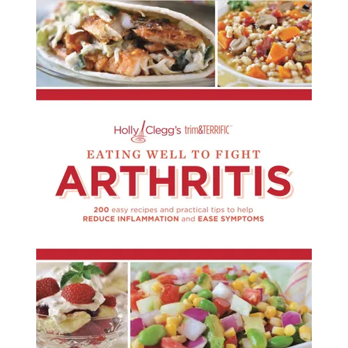 Paperback cookbook on arthritis nutrition with red title, strawberries and vegetable recipe photos