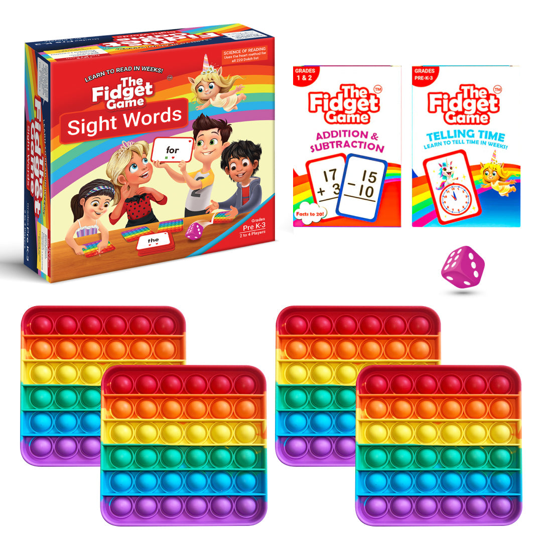 Sight Words fidget game box with rainbow pop fidget tiles