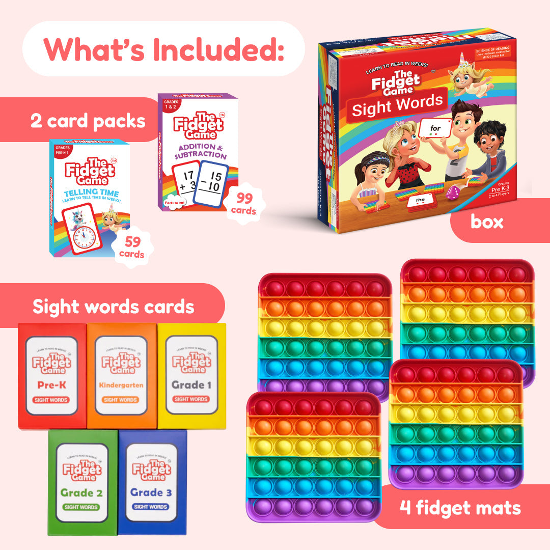 Grade 1&2 card game bundle with sight words cards and rainbow fidget pop mats