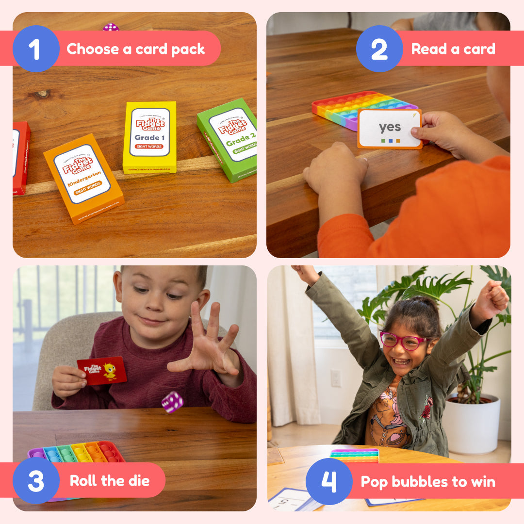Children playing card game with grade 1 and grade 2 cards, dice, and answer tiles