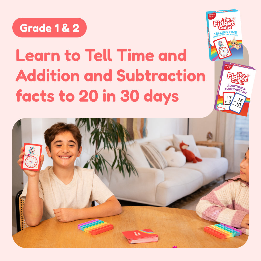 Grade 1&2 learning game box with time, addition, and subtraction cards on table
