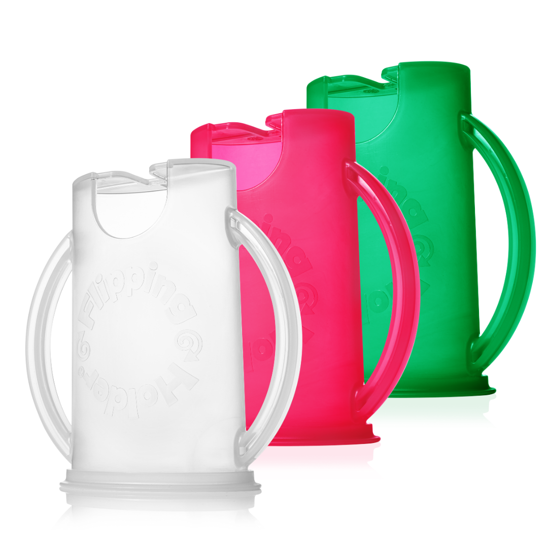 Flipping Holder 3 pack with white, pink, and green plastic holders and flip handles