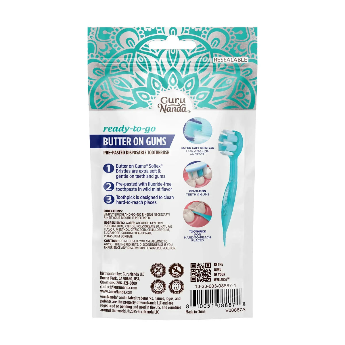 Back of pre-pasted disposable toothbrush package with directions and icons