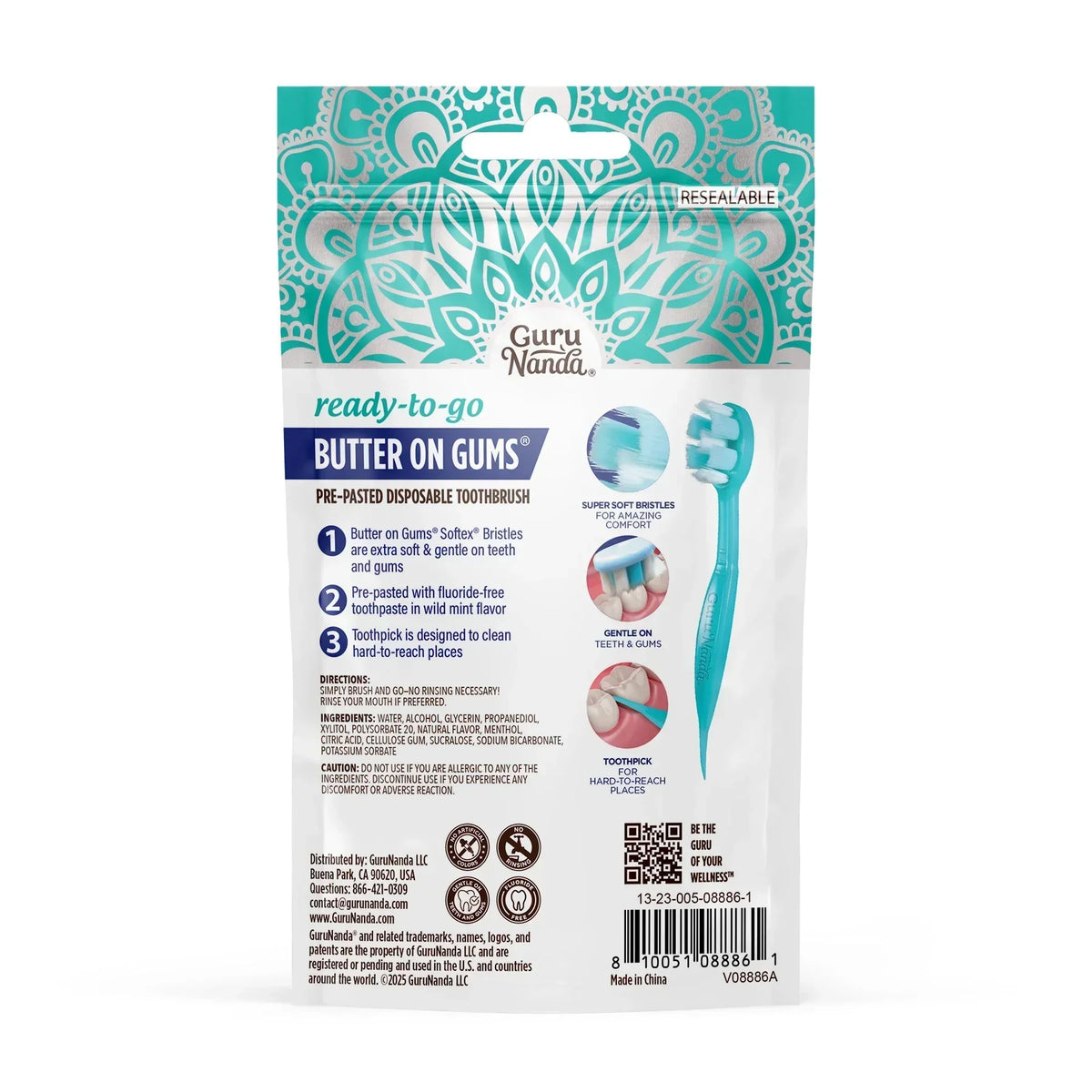 Guru Nanda ready-to-go pre-pasted disposable toothbrush package, product info