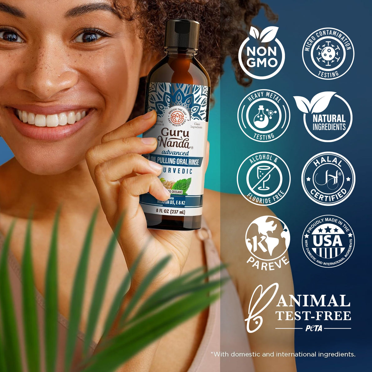 Woman holding oil pulling oral rinse bottle with certification and badge icons