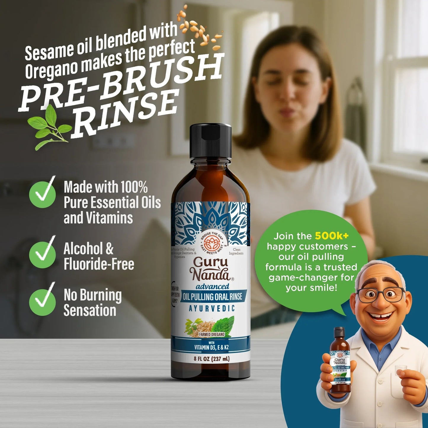Oil pulling oral rinse bottle with pre-brush rinse theme and blurred smiling woman