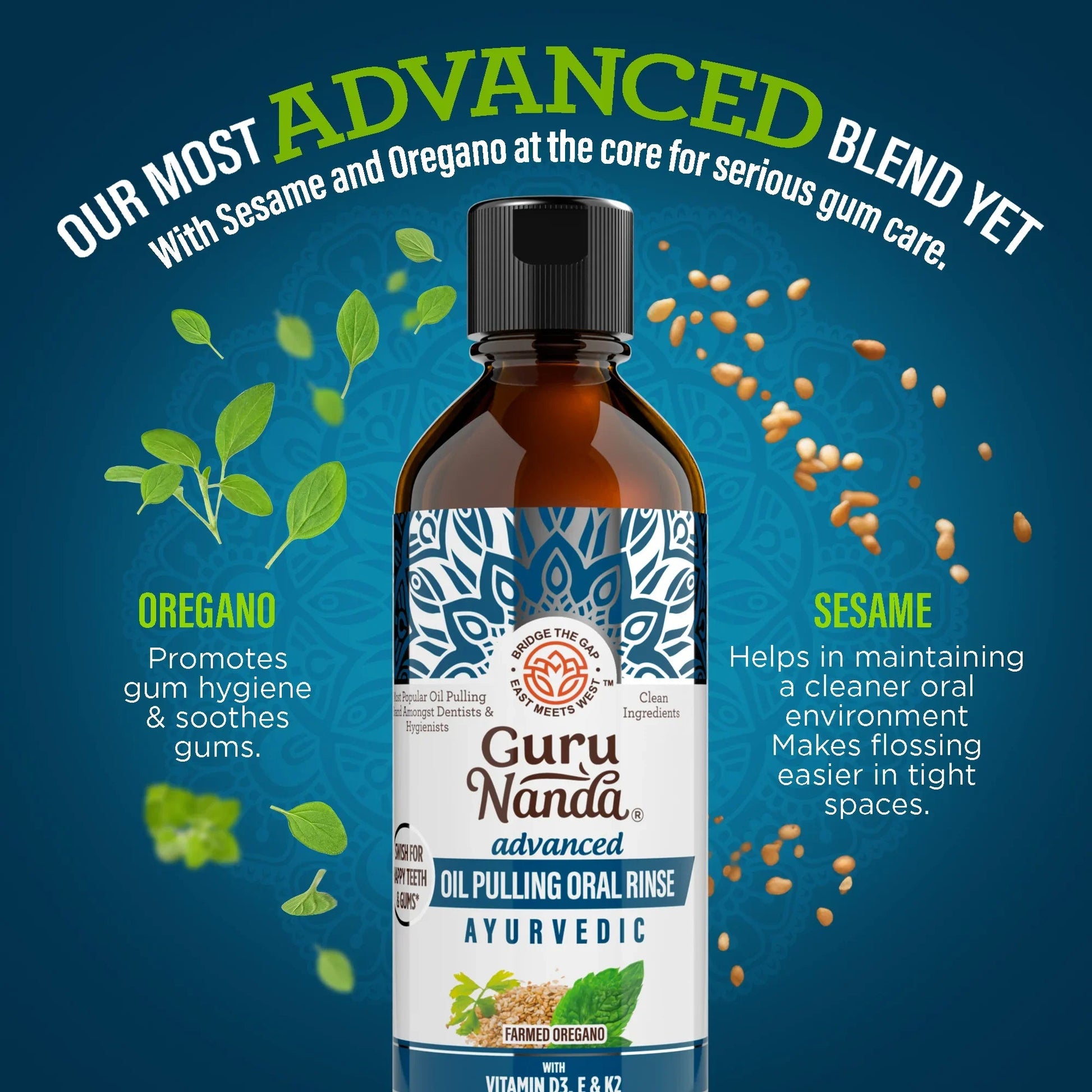 Oil pulling oral rinse bottle with sesame and oregano herb illustrations