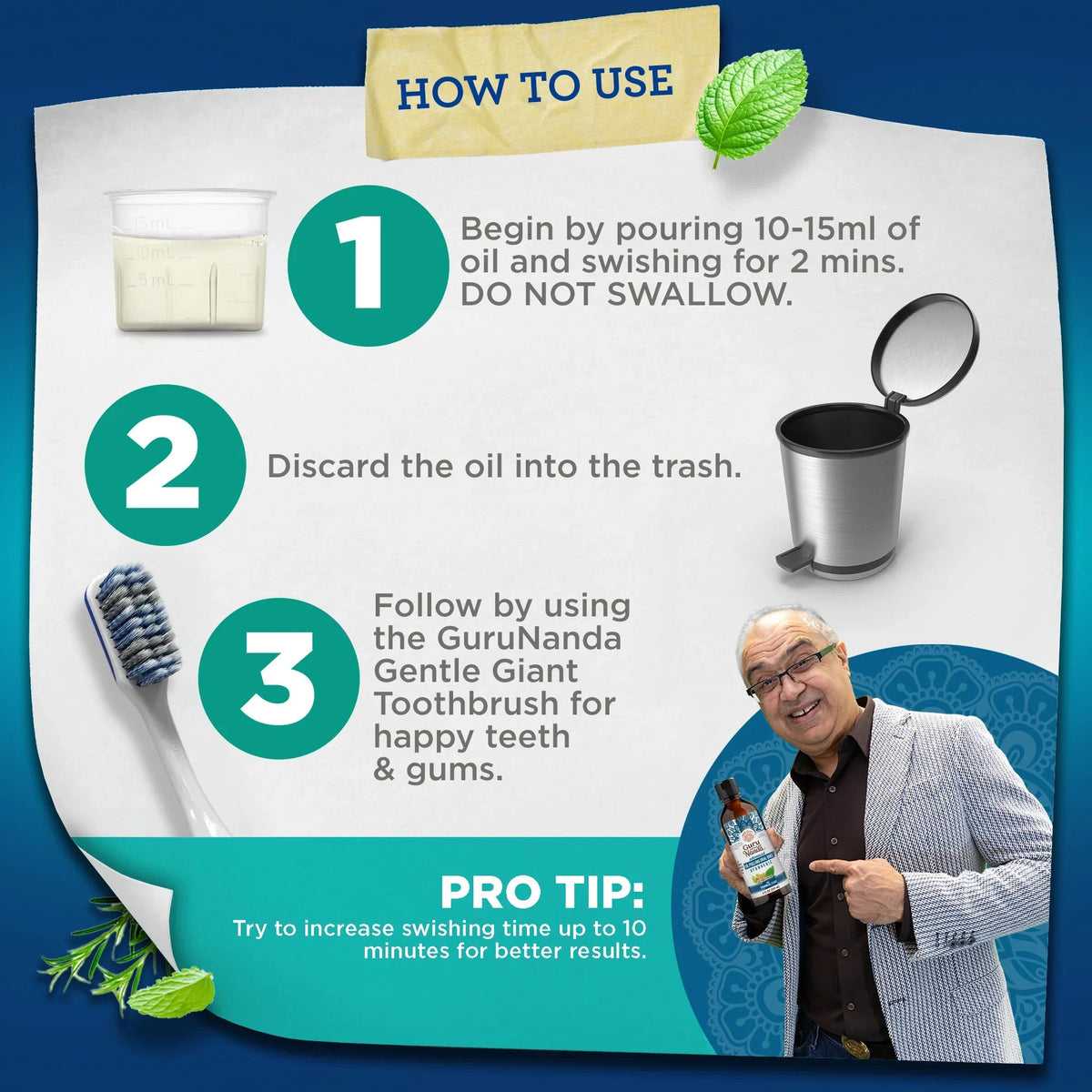 How-to oil pulling oral rinse card with cup, trash bin, and toothbrush