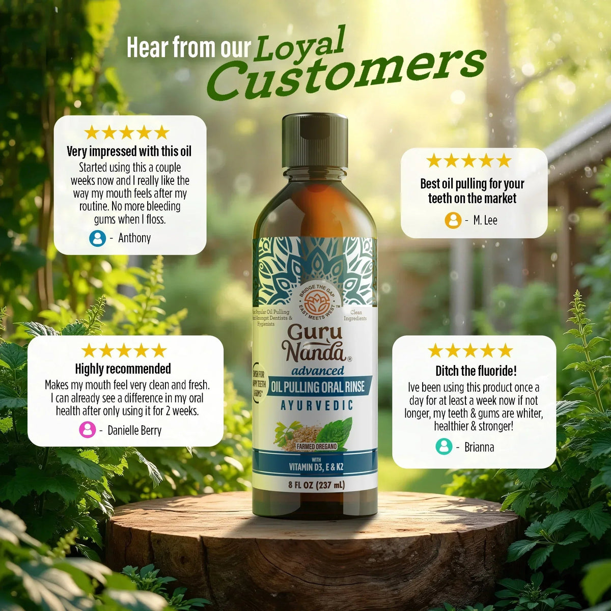 Oil pulling oral rinse bottle with customer review bubbles in an outdoor scene