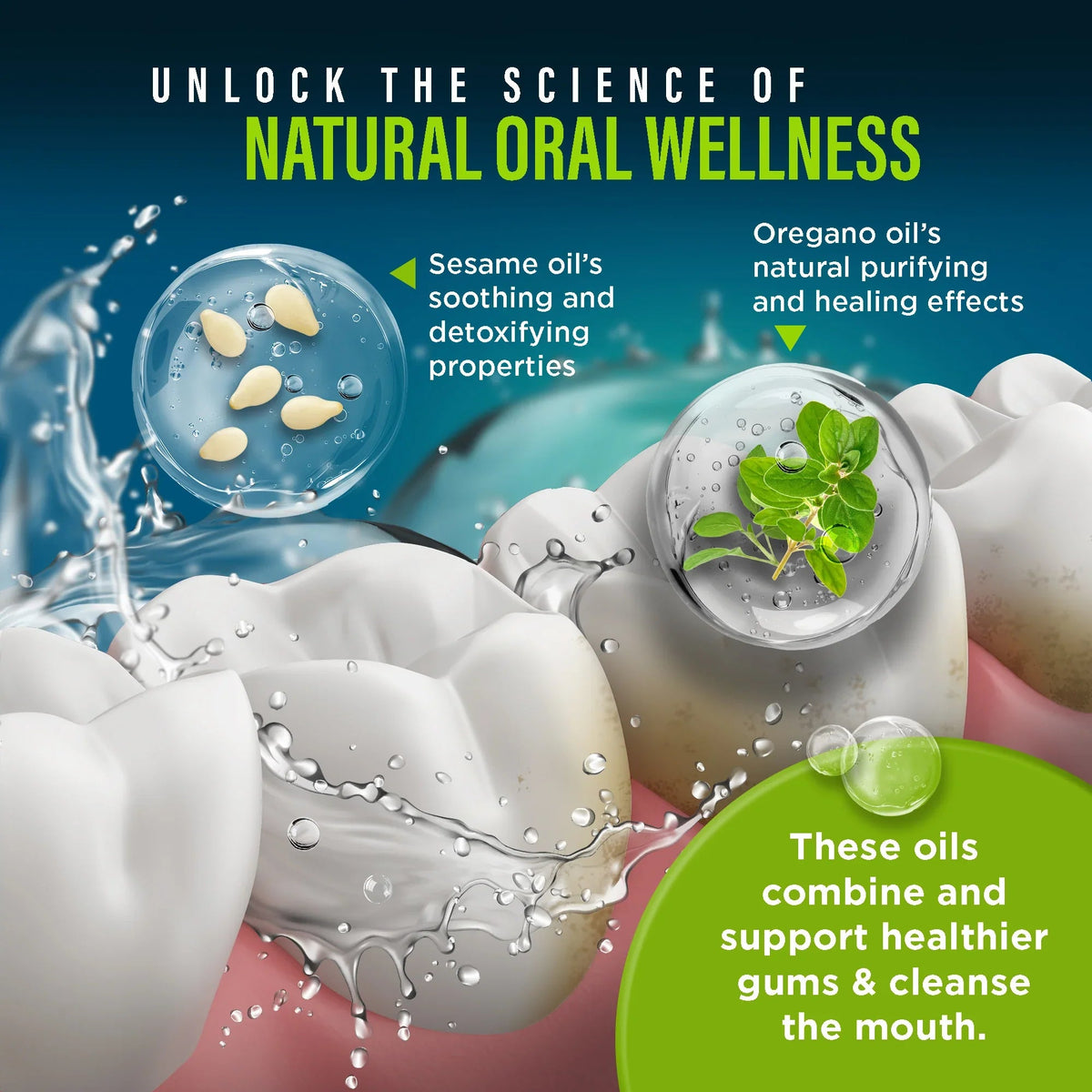 Oil pulling oral rinse promotional graphic with sesame and oregano ingredient drops