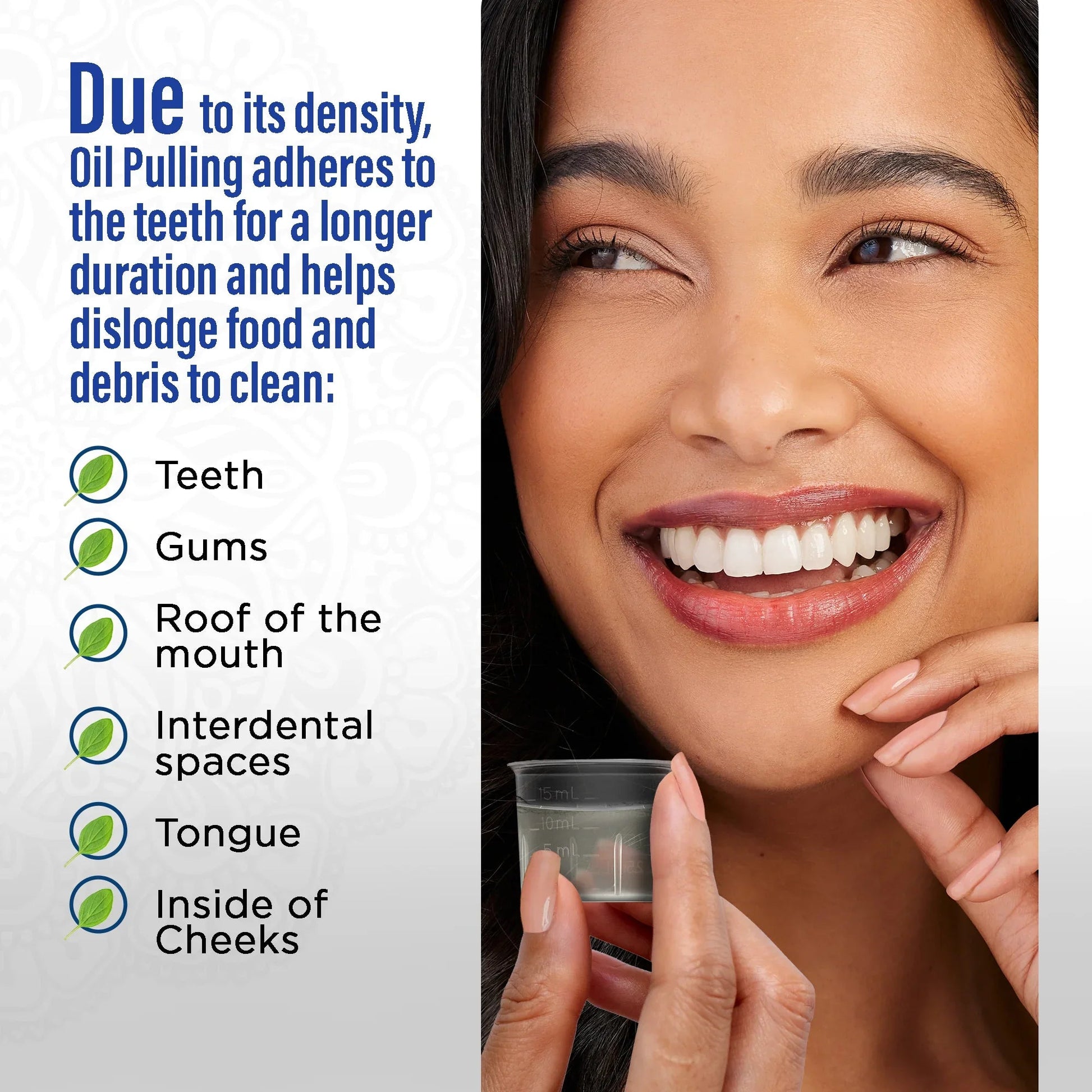 Woman holding an oil pulling cup near her smile, oral rinse use