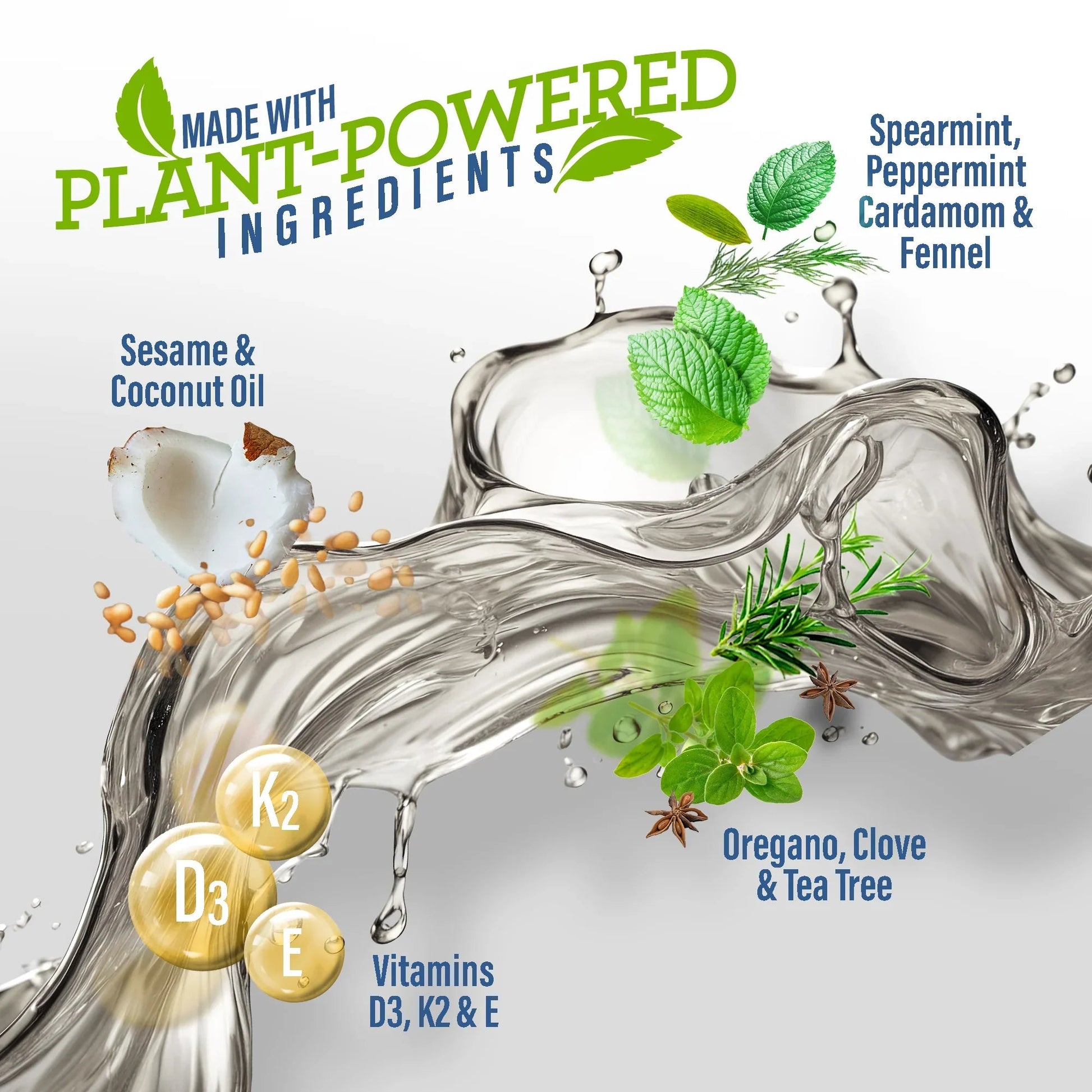 Oil pulling rinse ingredients illustration with sesame, oregano, clove, and tea tree