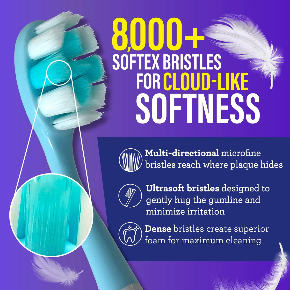 Teal toothbrush head with soft, dense microfine bristles