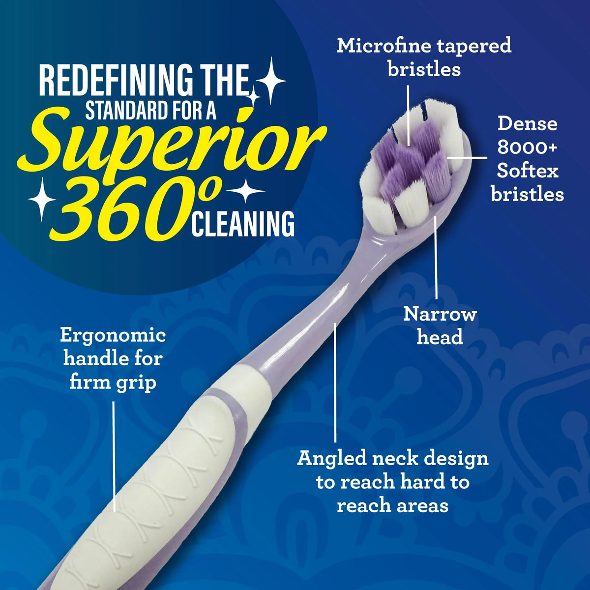 360 cleaning toothbrush with angled neck, white handle, and purple micro bristles