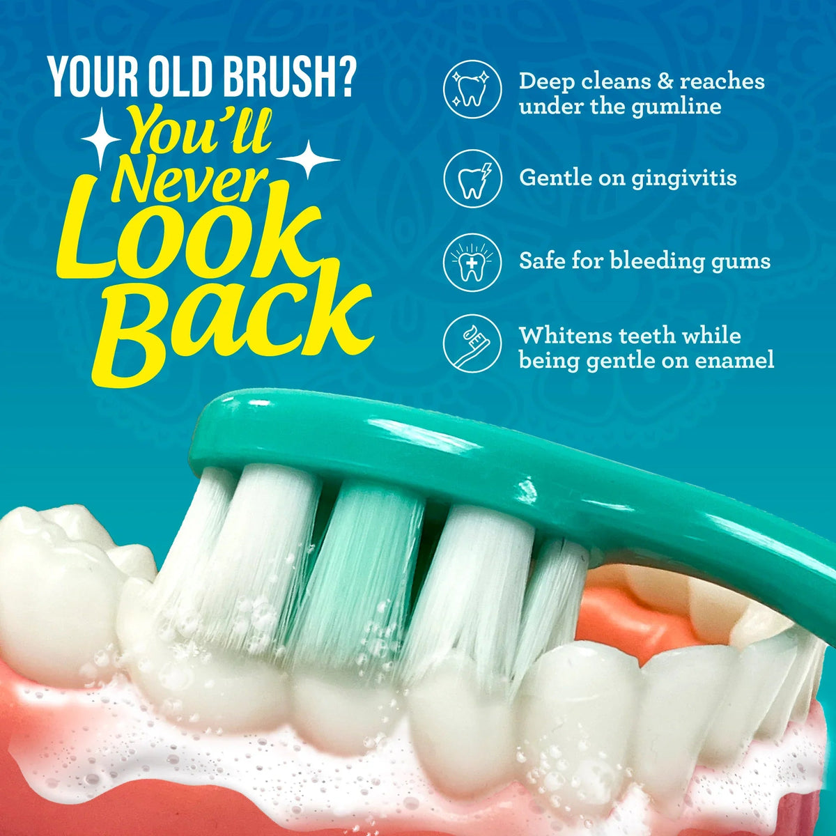 Green toothbrush with white bristles, shown cleaning teeth with foam