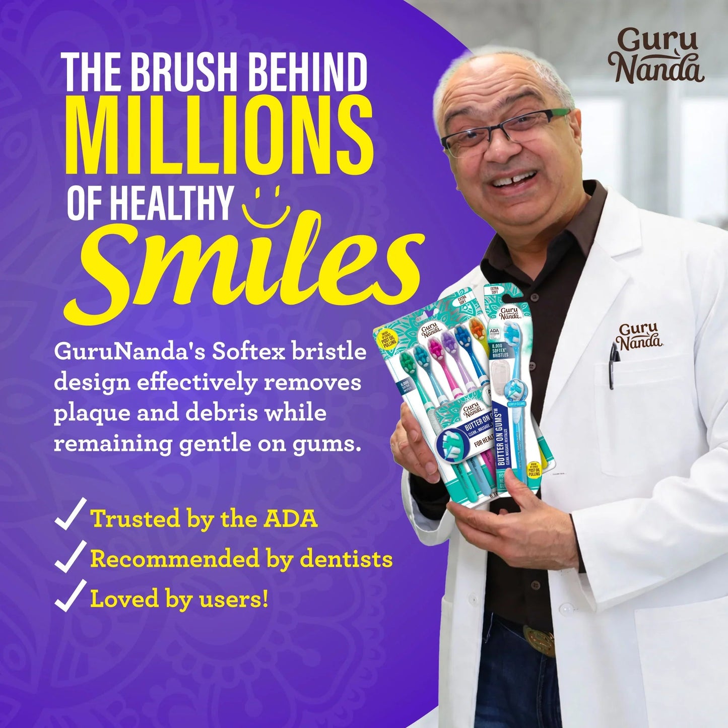 Guru Nanda toothbrush multi-pack held by clinician in white coat