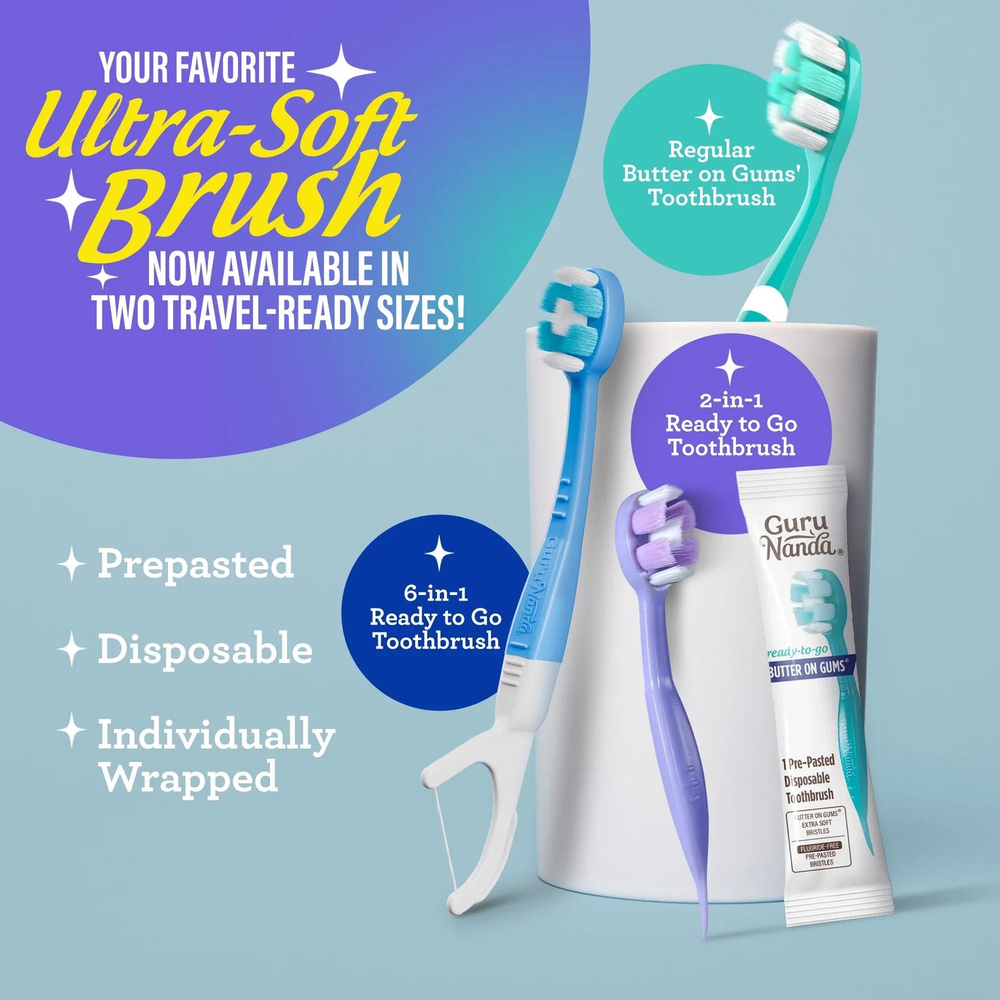 Travel toothbrush set with ready-to-go packs, one with purple bristles on card