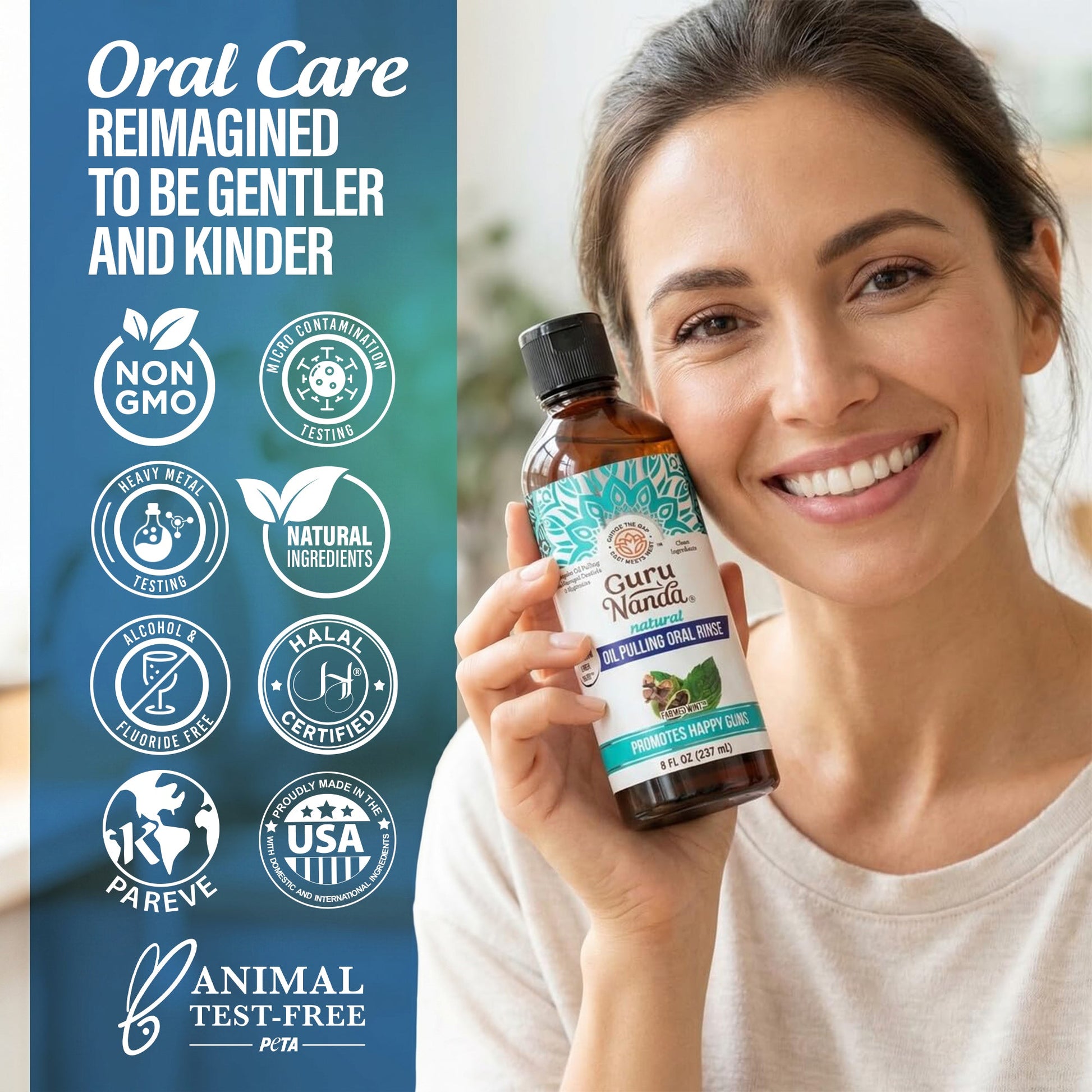 Oil pulling oral rinse bottle in brown glass with turquoise label, held by a woman