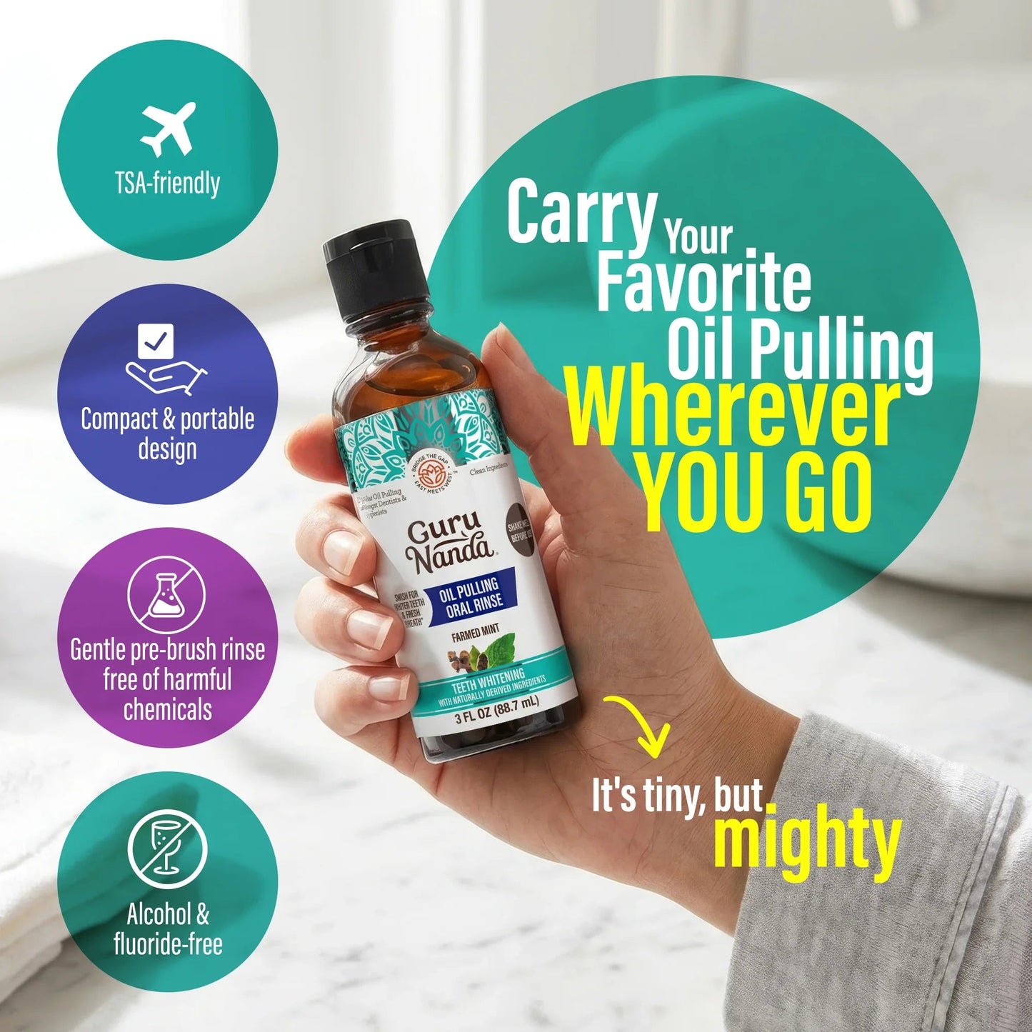 Compact oil pulling oral rinse bottle with turquoise label in a person’s hand