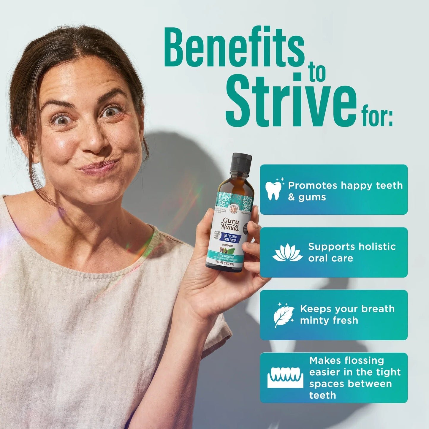 Oil pulling oral rinse bottle held by a woman, farmed mint label visible.