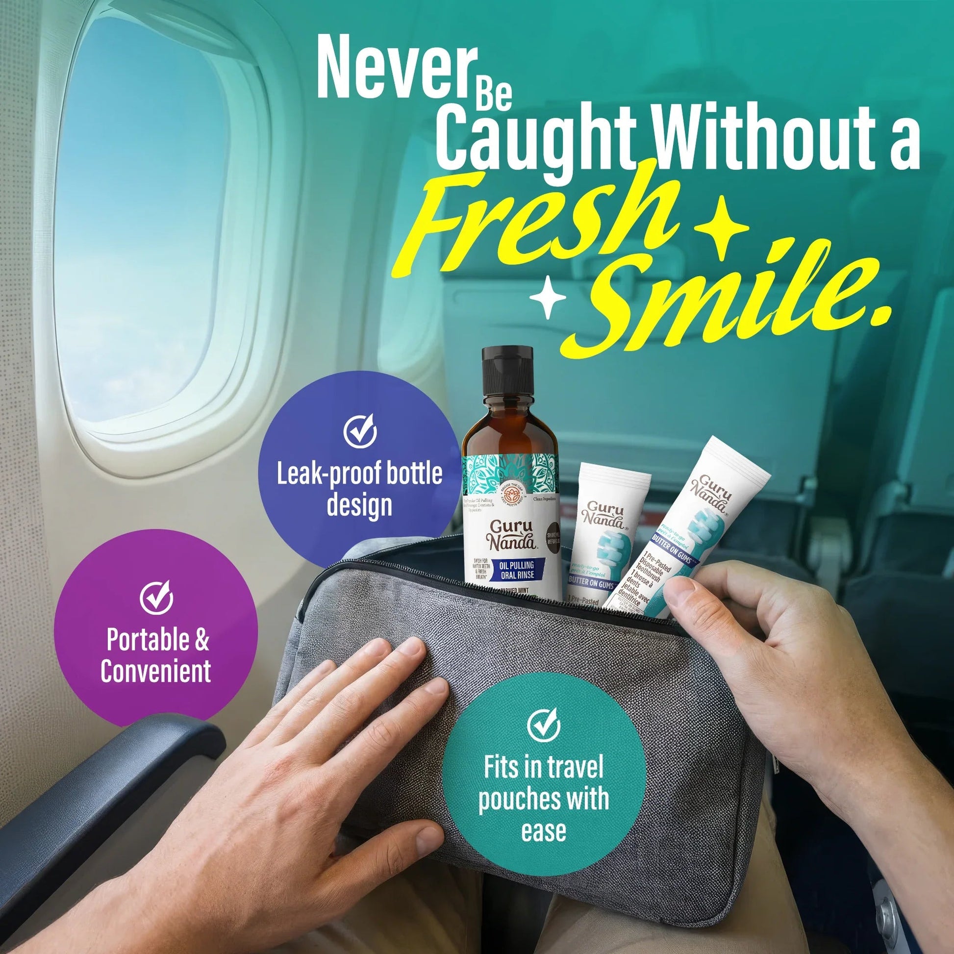 Travel set with oil pulling oral rinse bottles tucked in a gray zip pouch