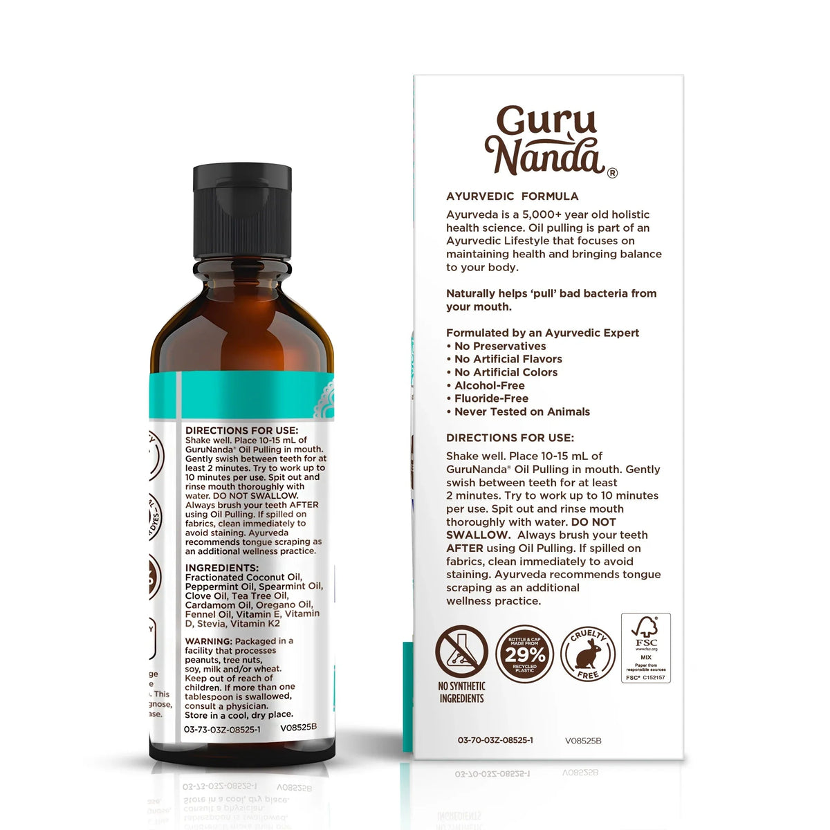 Oil pulling oral rinse bottle with turquoise label next to a product information card
