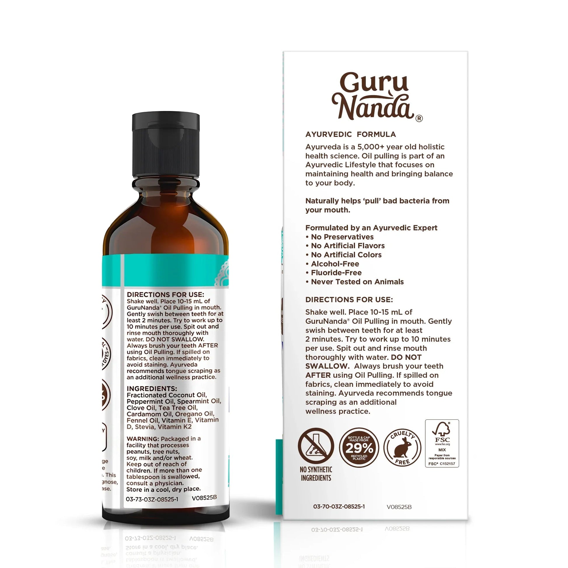 Oil pulling oral rinse bottle with turquoise label next to a product information card