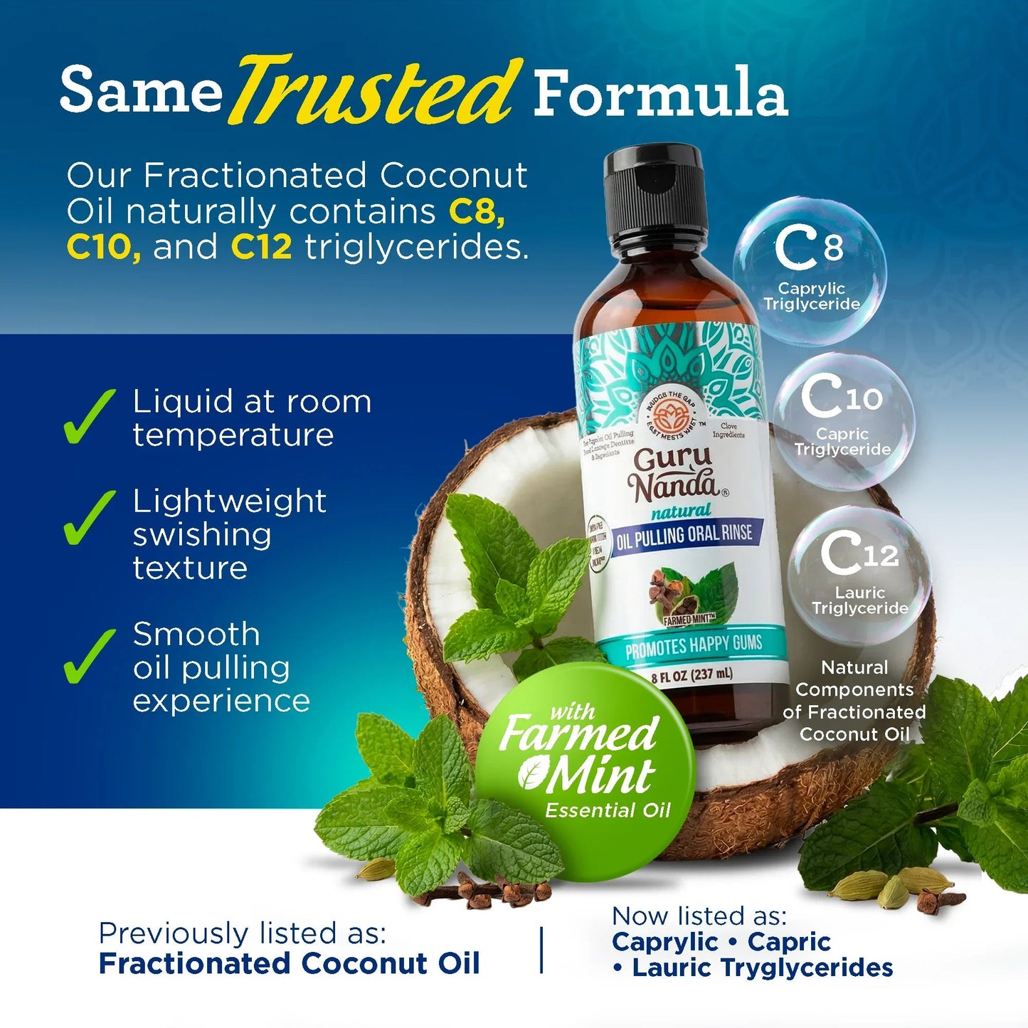 Oil pulling oral rinse bottle with mint leaves and coconut half graphic.