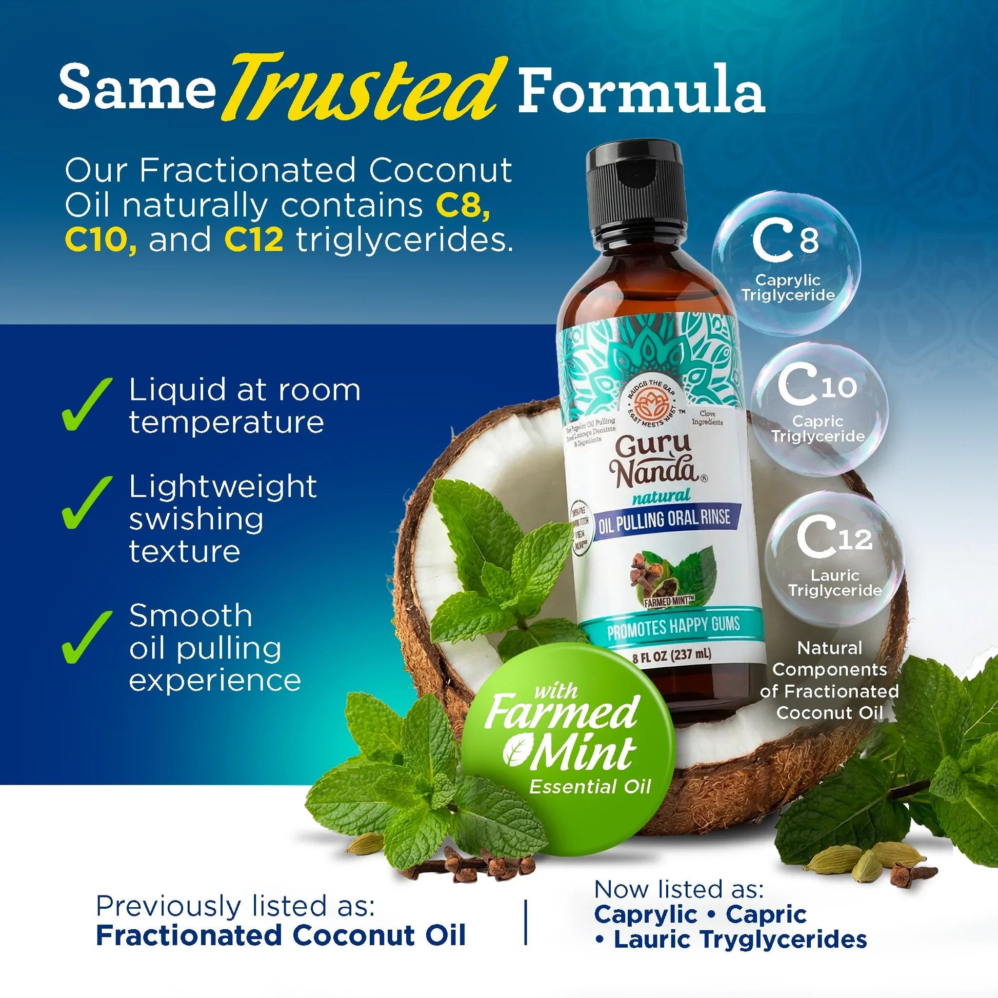 Oil pulling oral rinse bottle with peppermint details and fractionated coconut oil callouts.