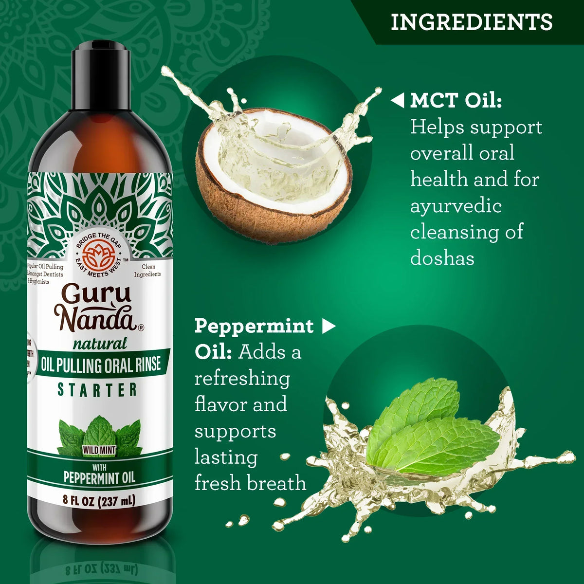Peppermint oil pulling oral rinse bottle with coconut and mint ingredient visuals