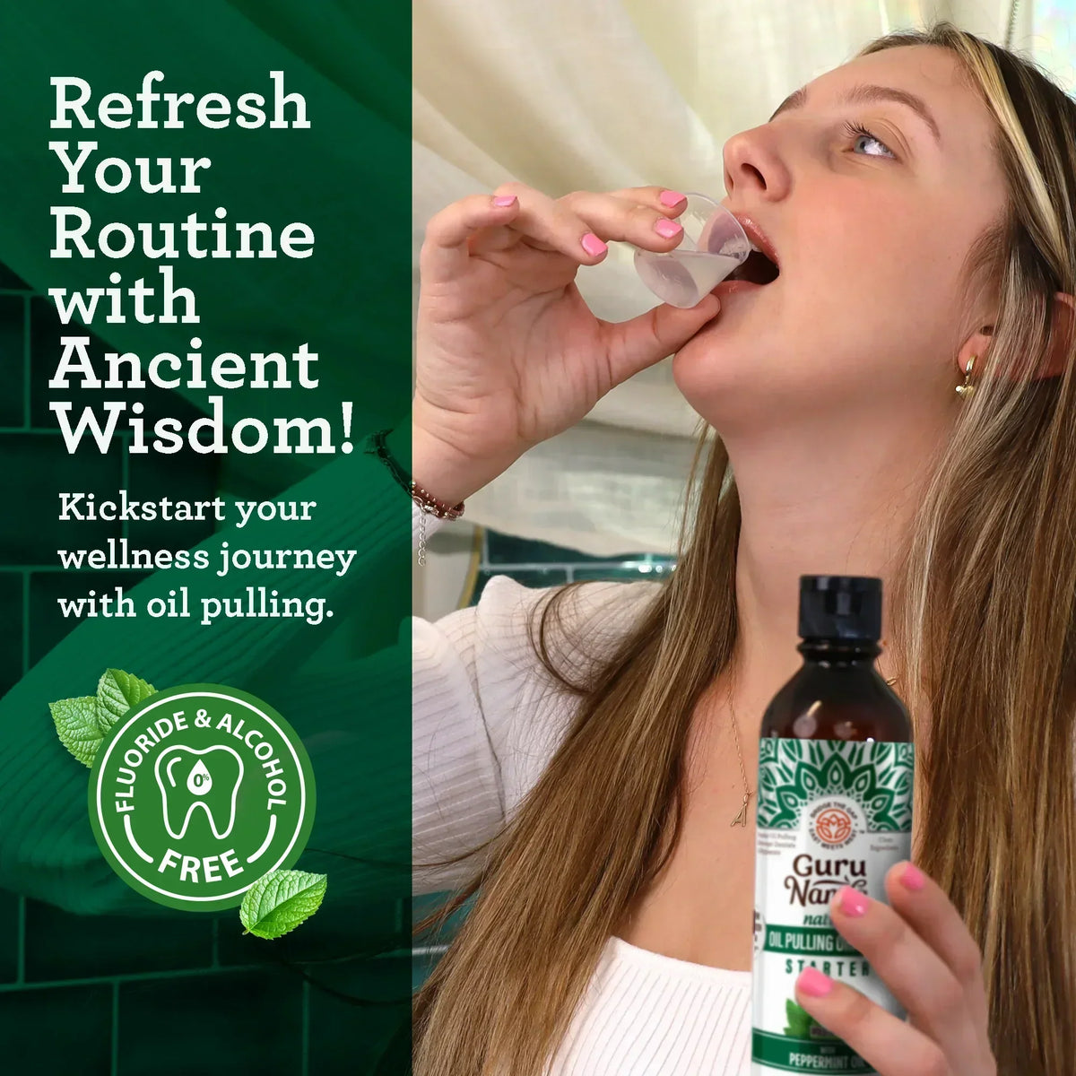 Oil pulling starter kit bottle with teal label held by a person