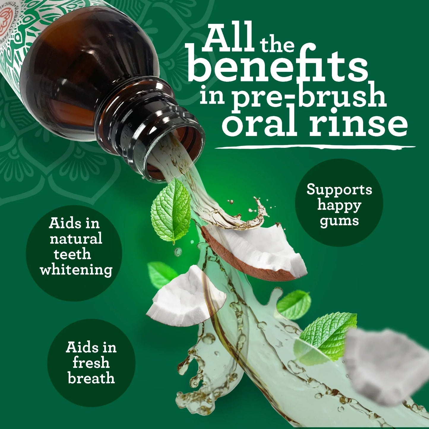 Oil pulling oral rinse bottle pouring over a coconut and mint leaf visual