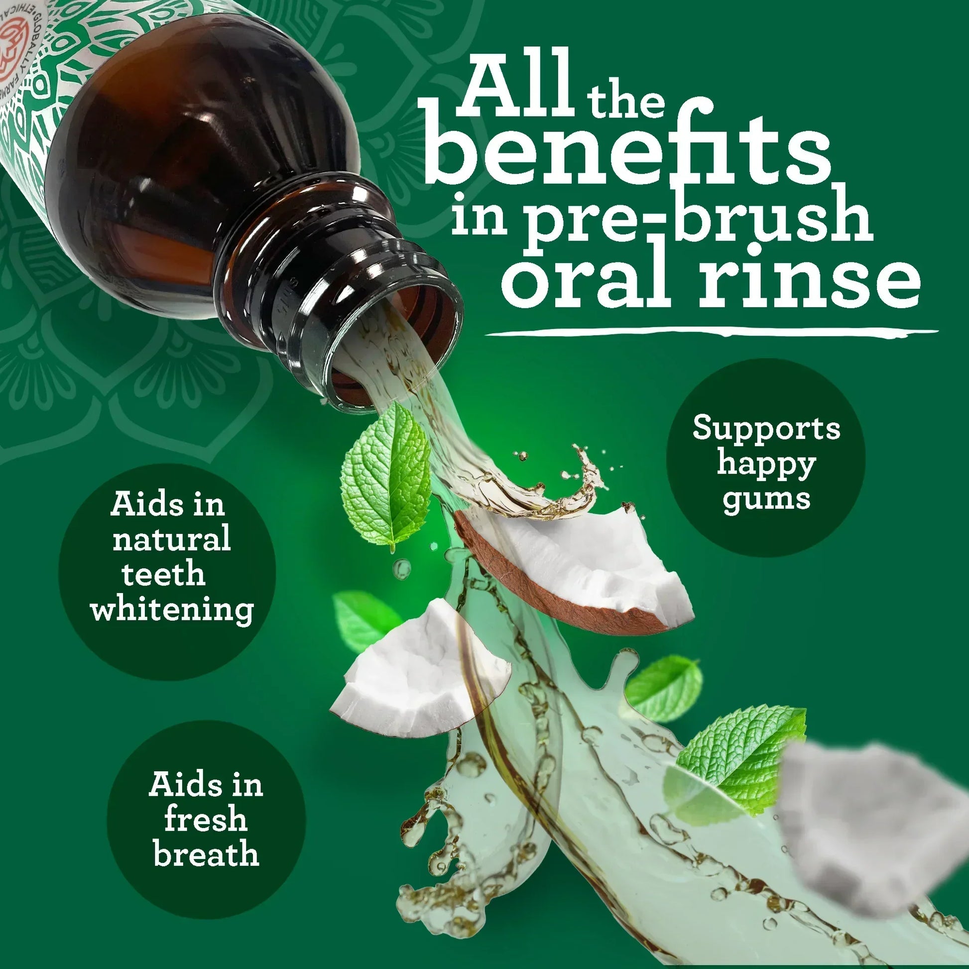Amber oral rinse bottle with teal label and pouring liquid scene