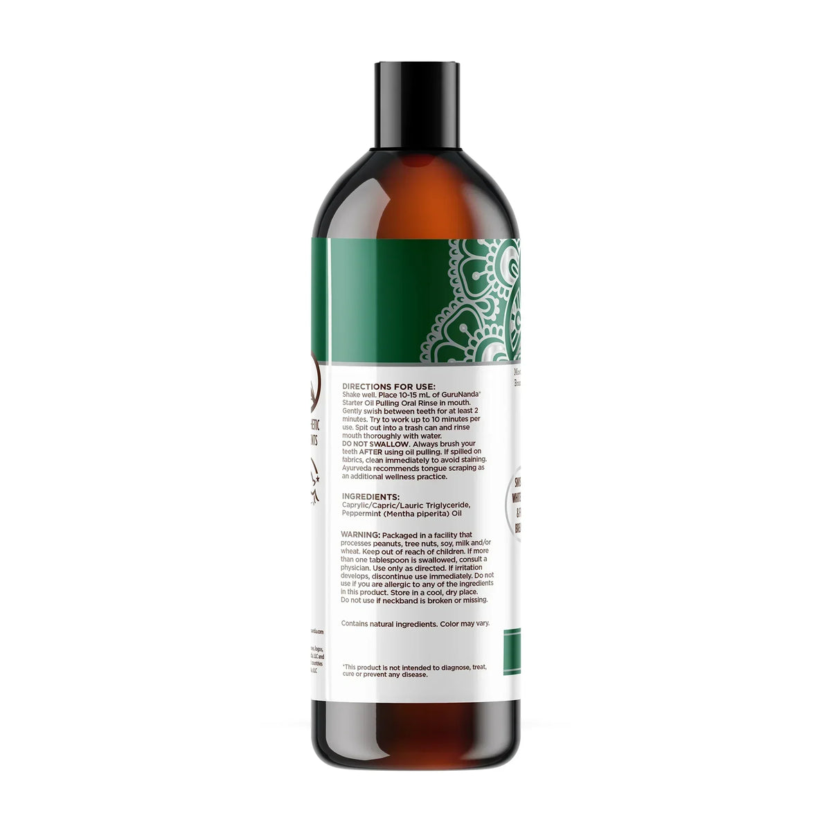 Back view of amber oil pulling bottle with white directions label