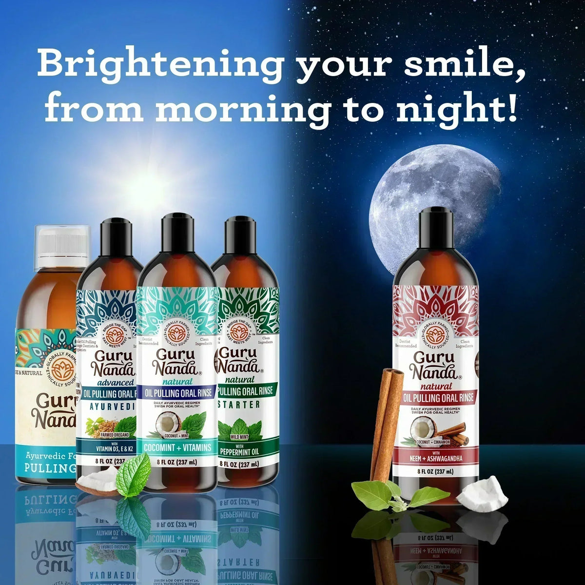 Oil pulling starter kit bottles lineup with mint leaves and a single bottle