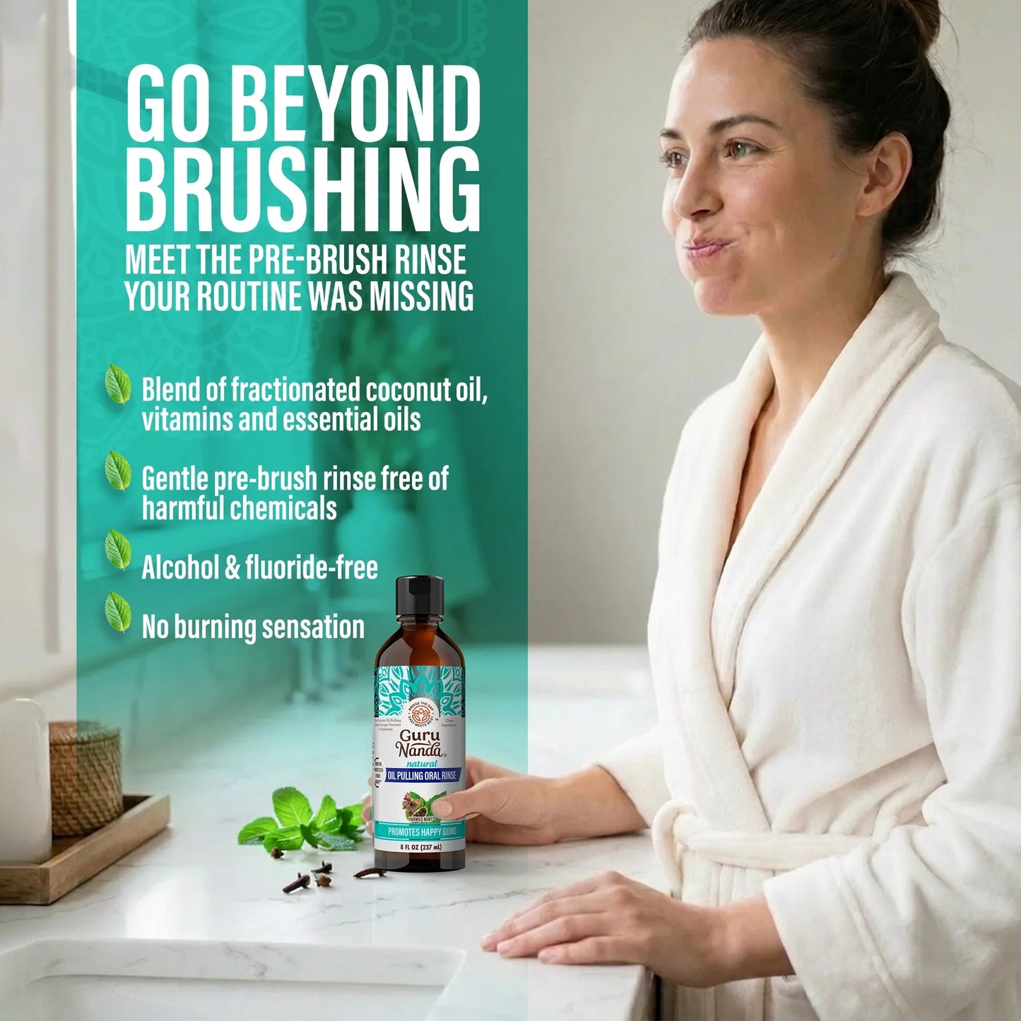 Oil pulling oral rinse bottle in hand next to woman in robe, farmed mint label.