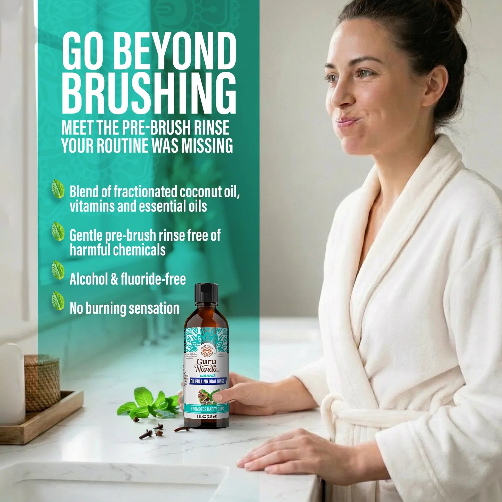 Oil pulling oral rinse bottle in hand next to woman in robe, farmed mint label.