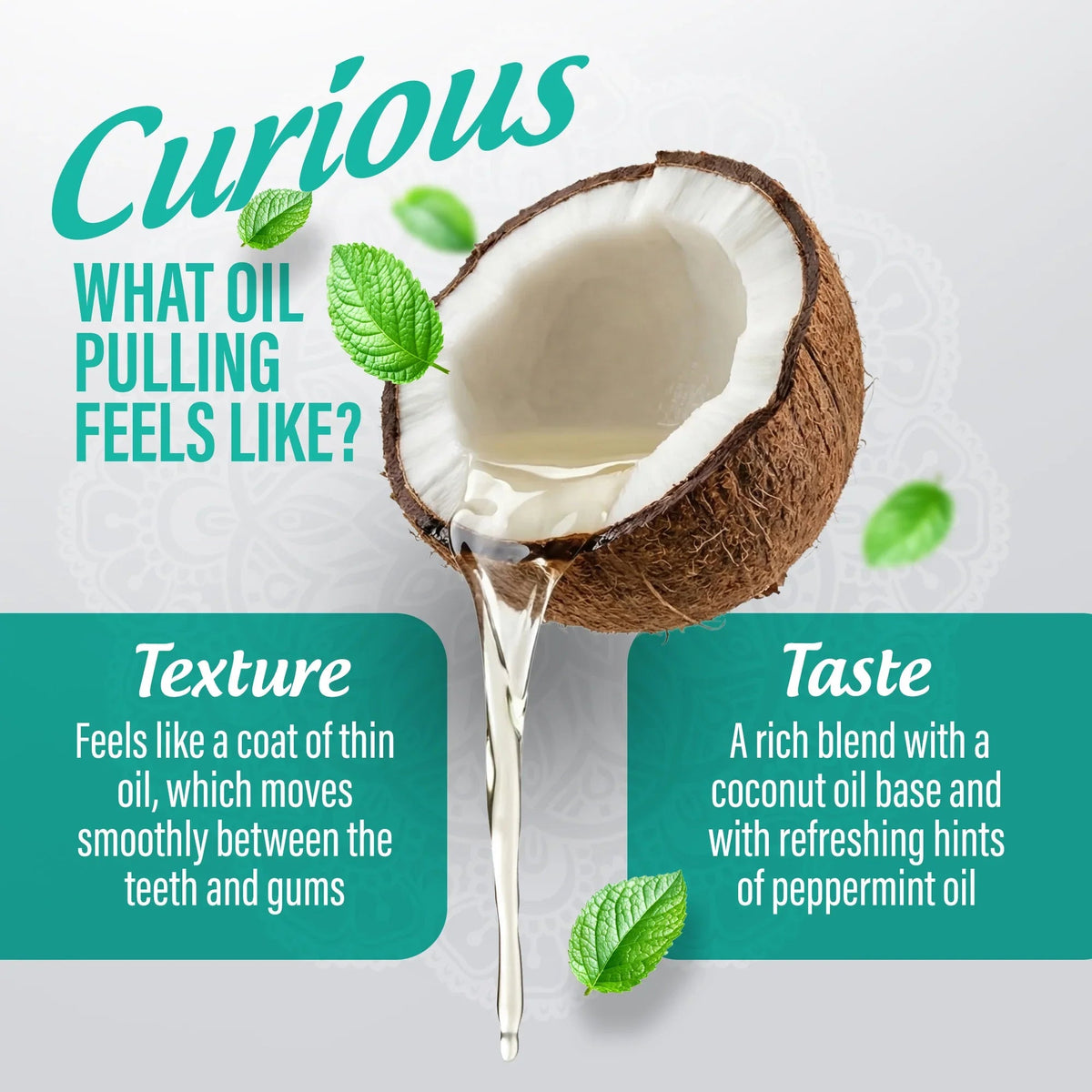 Oil pulling coconut oil stream with coconut half and mint leaves illustration.