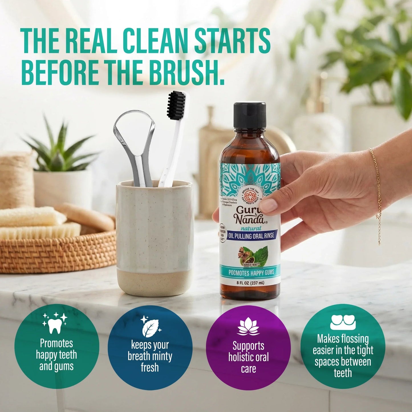 Oil pulling oral rinse bottle held with toothbrush and cup, farmed mint label visible.
