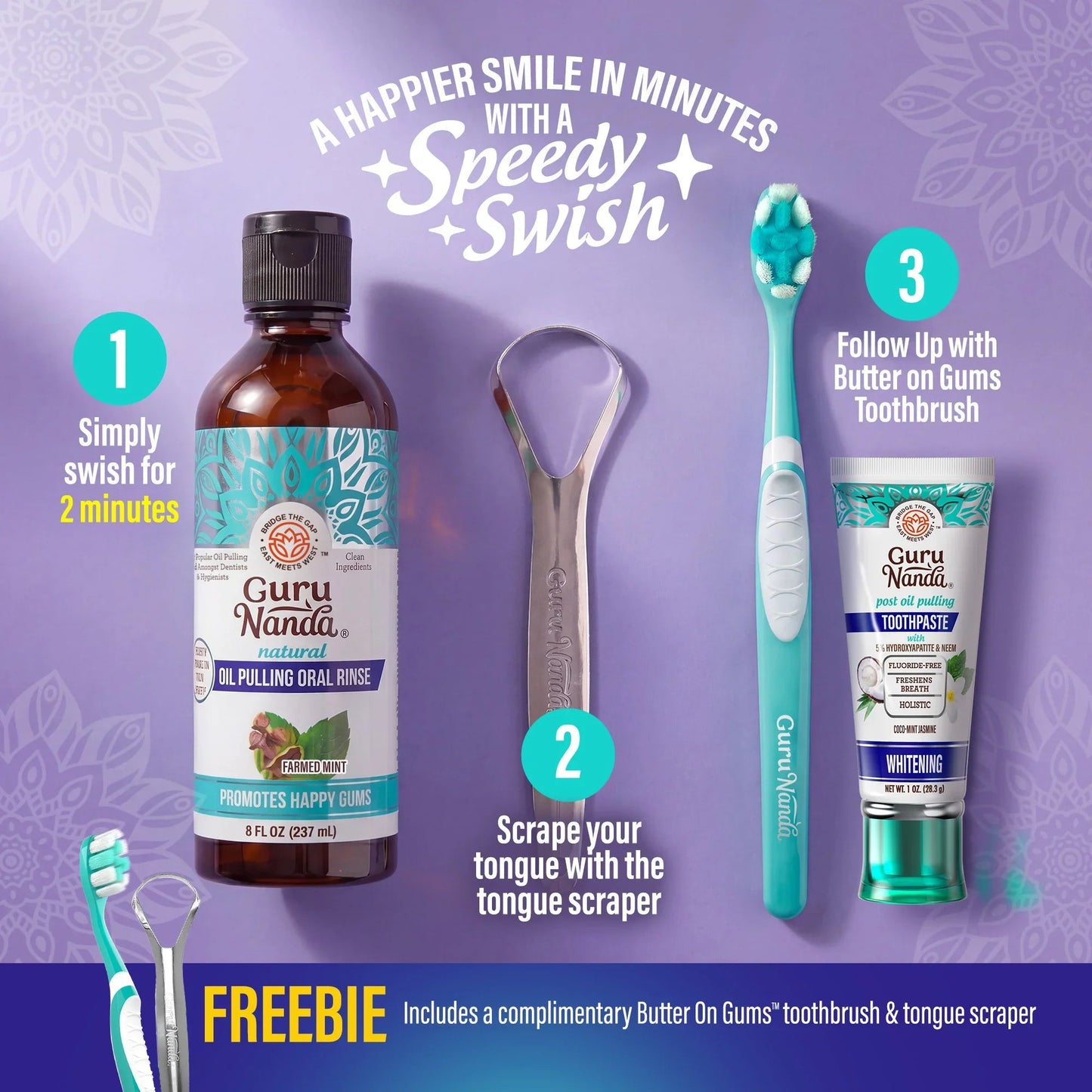 Oil pulling kit with oral rinse bottle, tongue scraper, and mint toothbrush.