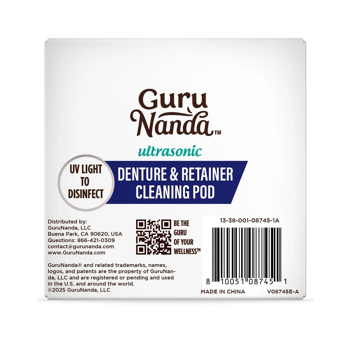 Guru Nanda ultrasonic retainer and denture cleaning pod label on white back panel.
